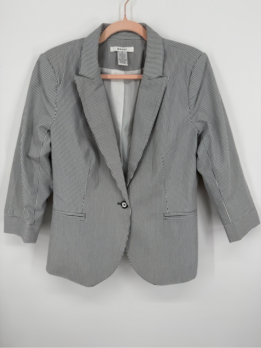Grace Women Navy Striped Blazer Size 8 Jacket Button Front Pockets Lined